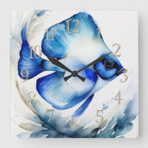Horloge Carrée Aquarelle Peinture de poisson bleu