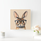 Horloge Carrée Aquarelle Portrait Joli Lapin Avec Verres (Maison)