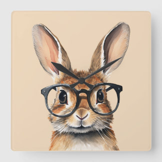 Horloge Carrée Aquarelle Portrait Joli Lapin Avec Verres