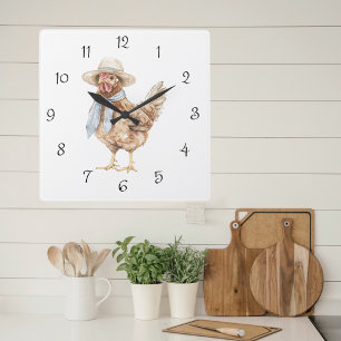 Horloge Carrée Aquarelle Poulet de printemps dans la cuisine du p