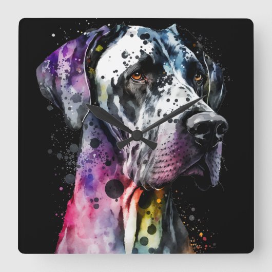 Horloge Carrée Aquarelle Rainbow Great Dane (Recto)