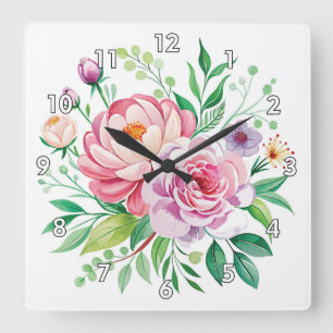 Horloge Carrée Aquarelle Rose et pivoine Bouquet floral