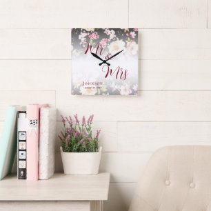 Horloge Carrée Aquarelle rose Roses jaunes, noir flou, Mariage