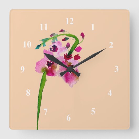 Horloge Carrée Aquarelle rose Verbascum fleur rousse (Recto)