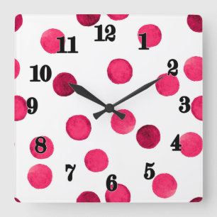 Horloge Carrée Aquarelle rouge aquarelle pois motif