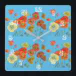 Horloge Carrée Aquarelle rouge orange crapaud bleu pastel<br><div class="desc">Rouge Orange Poppy Pastel Bleu Aquarelle coloré sur l'horloge de bureau de la femme noire. Conçu à partir de mon aquarelle originale.</div>