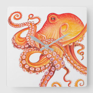 Horloge Carrée Aquarelle rouge orange octopique