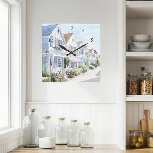 Horloge Carrée Aquarelle Summer Pastel Coastal Cottages