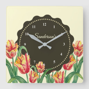 Horloge Carrée Aquarelle Tulipes de perroquet jaune Art floral