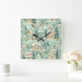 Horloge Carrée Aquarelle Vert Maisons Noël Motifs vacances (Maison)