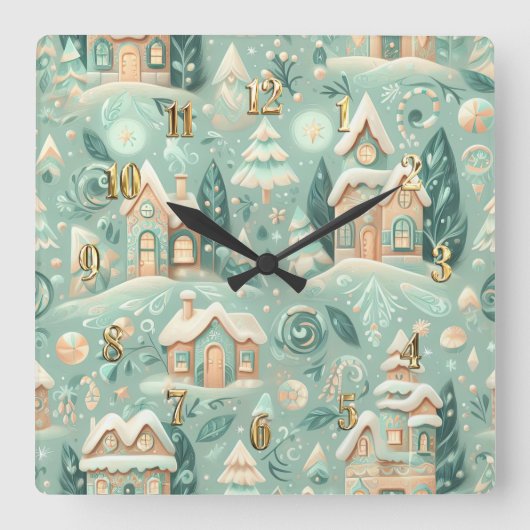Horloge Carrée Aquarelle Vert Maisons Noël Motifs vacances (Recto)