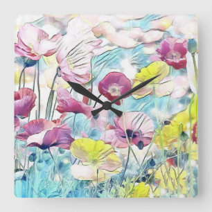Horloge Carrée Aquarelle vintage Champ de fleurs de pavot