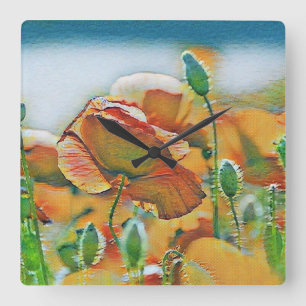 Horloge Carrée Aquarelle vintage des fleurs de pavot vert orange