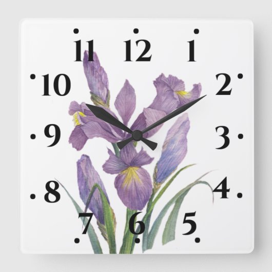 Horloge Carrée Aquarelle violet Iris Botanique Floral Art (Recto)