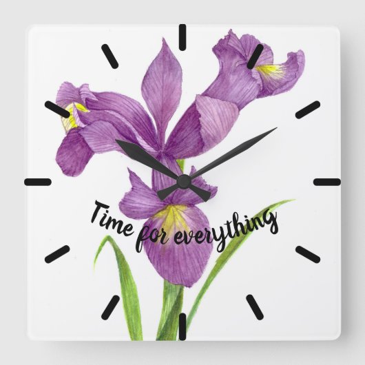 Horloge Carrée Aquarelle violet Iris Botanique Floral Art (Recto)