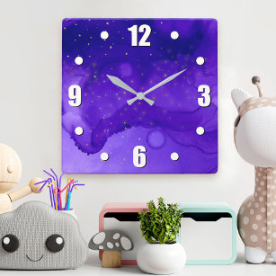 Horloge Carrée Aquarelle violette Abstraite avec étoiles Parties 