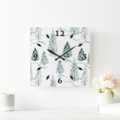 Horloge Carrée Aquarelles de Noël. Forêt d'hiver. (Maison)