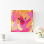 Horloge Carrée Aquarelles rose, orange et jaune  (Maison)