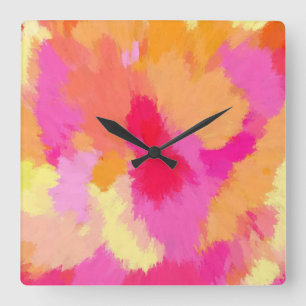 Horloge Carrée Aquarelles rose, orange et jaune 