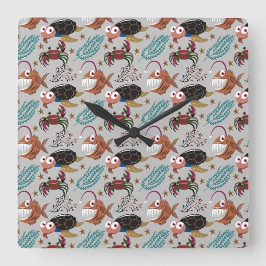 Horloge Carrée Aquatic animals pattern | ocean underwater life 37 (Recto)