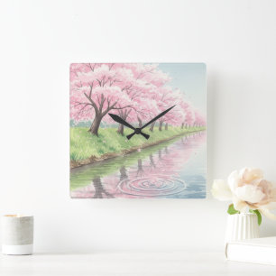 Horloge Carrée Arbre à fleurs de cerisier rose pastel aquarelle p