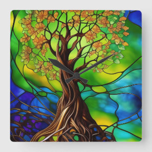Horloge Carrée Arbre coloré de la vie Vitrail Look II