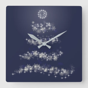 Horloge Carrée Arbre de Noël argenté simple sur le bleu