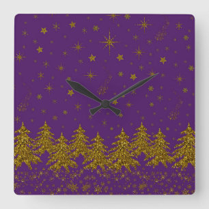 Horloge Carrée Arbre de Noël en or brillant, étoiles, neige sur