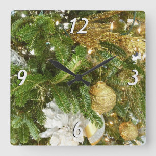 Horloge Carrée Arbre de Noël I Argent et Or