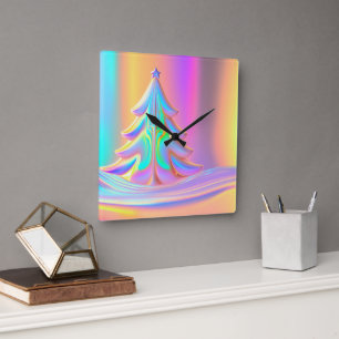 Horloge Carrée Arbre de Noël Iridescente
