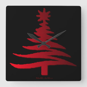 Horloge Carrée Arbre de Noël Moderne Pochoir Impression Rouge