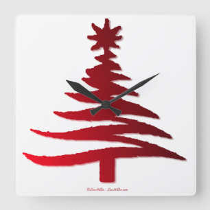 Horloge Carrée Arbre de Noël Moderne Pochoir Imprimé Rouge