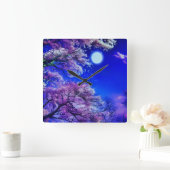 Horloge Carrée Arbre de printemps, lune, ciel bleu. (Maison)