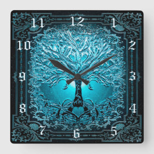 Horloge Carrée Arbre de vie en bleu