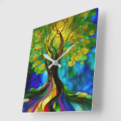 Horloge Carrée Arbre de vie Feuille vert et jaune (Angle)