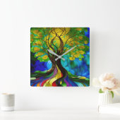 Horloge Carrée Arbre de vie Feuille vert et jaune (Maison)