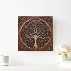 Horloge Carrée Arbre de Waratah australien Brown, sculpté,