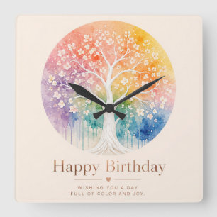 Horloge Carrée Arbre Fleurissant Arc-en-Ciel Anniversaire Joie