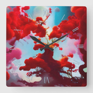 Horloge Carrée arbres rouges Abstraits
