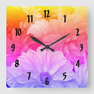 Horloge Carrée Arc-en-ciel Floral Abstrait Dahlia Garden Flowers