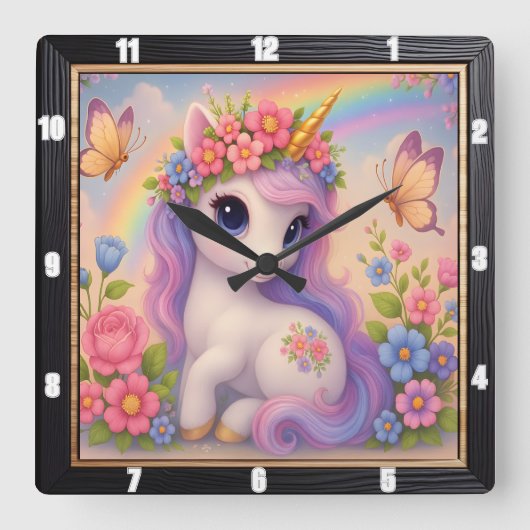 Horloge Carrée Arc-en-ciel Papillon Licorne Mignon (Recto)