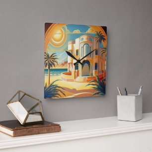 Horloge Carrée Architecture de plage tropicale Art Déco Rétro Vin