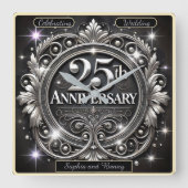 Horloge Carrée Argent Élégant 25e Anniversaire (Recto)