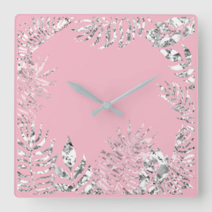 Horloge Carrée Argent gris rose pastel Palm Botanique Métallique