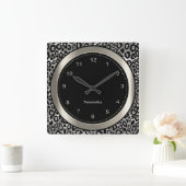 Horloge Carrée Argent métallique et empreinte de léopard noir (Maison)