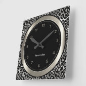 Horloge Carrée Argent métallique et empreinte de léopard noir (Angle)