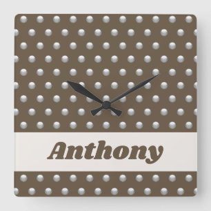 Horloge Carrée Argent métallique moderne et point de polka Brown