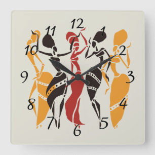 Horloge Carrée Arrière - plan africain illustré de danseurs