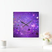 Horloge Carrée Arrière - plan de feuille violet avec étoiles (Maison)