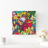 Horloge Carrée Arrière - plan de graffitis avec numéros de graffi (Maison)